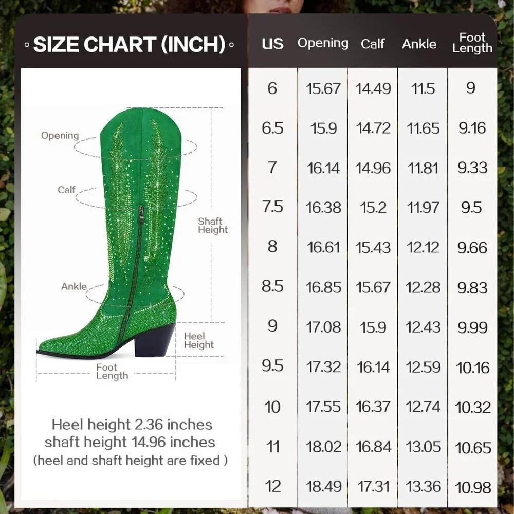 Women  Polyurethane Green Knee High Pointed Toe Chunky Heel Rhinestone Boot